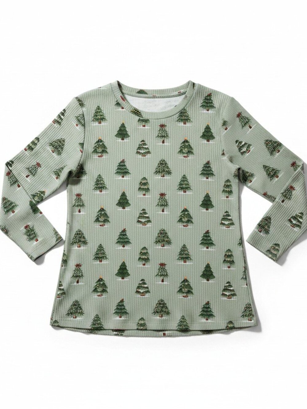 Minikin Mischief Sage Green Ribbed Christmas Tree Print Long Sleeve Top New 5/6
